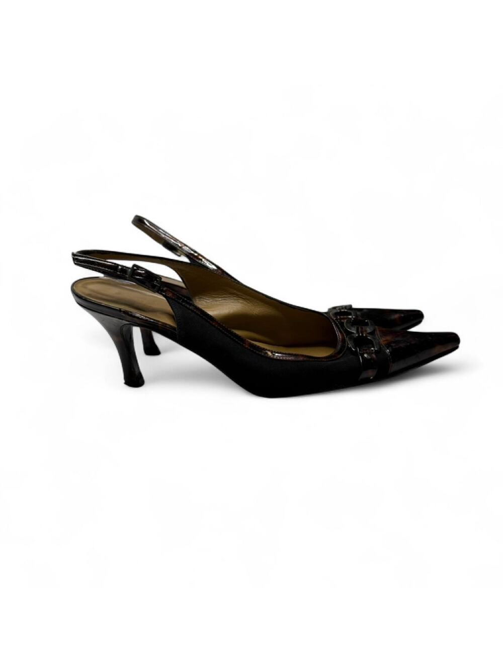 Stuart Weitzman leopard print slingback kitten heels tortoise shell strap 6 1/2